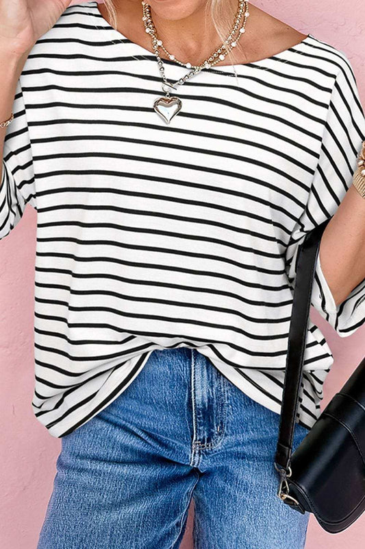 Stripe Half Sleeve Scoop Neck Top - Trendsi - Flyclothing LLC