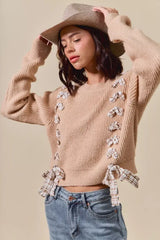 SO ME Checkered Plaid Tape Lace Up Ribbed Sweater - Trendsi - Flyclothing LLC