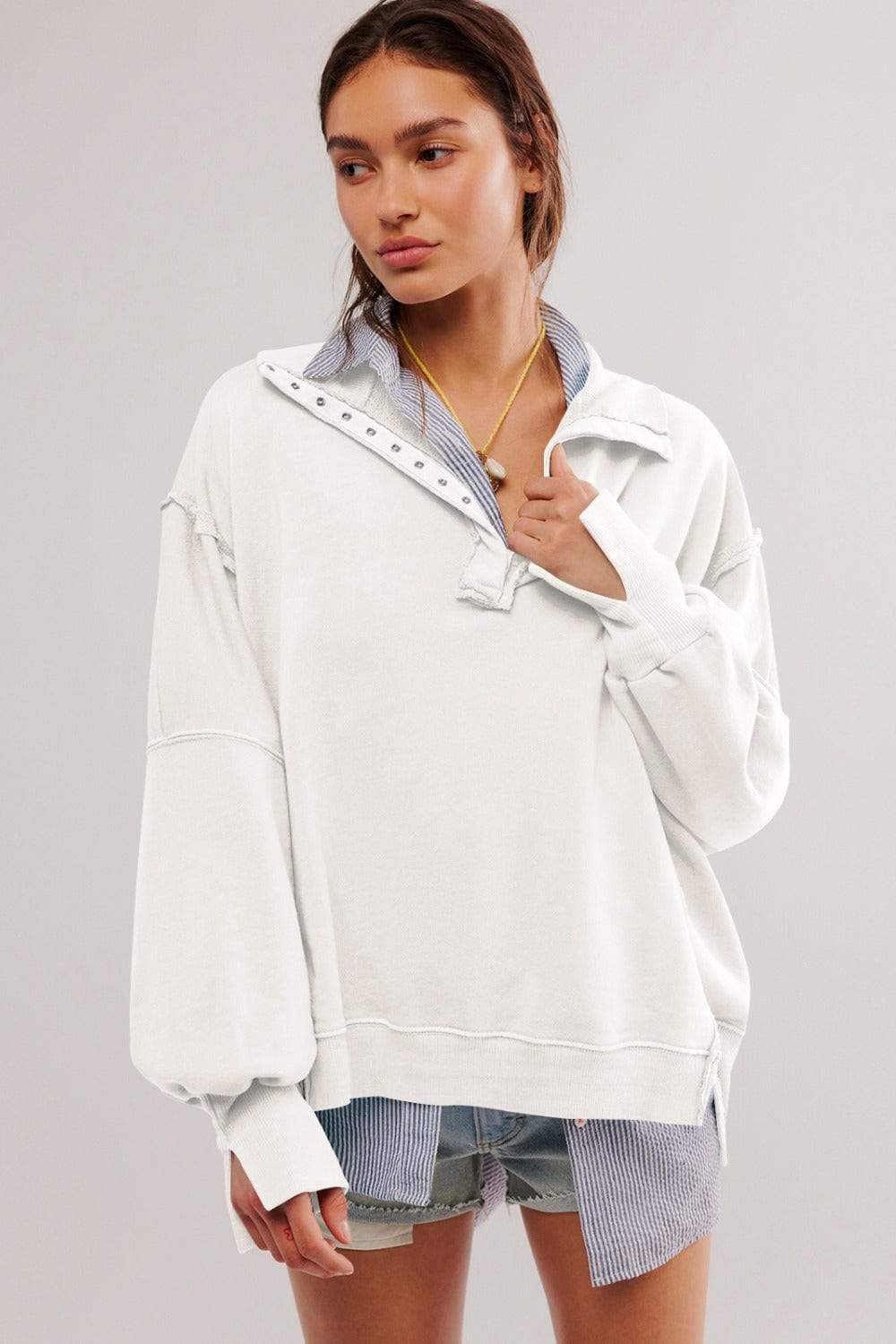 Exposed Seam Side Slit Long Sleeve Sweatshirt - Trendsi - Flyclothing LLC