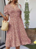Printed V-Neck Short Sleeve Dress - Trendsi