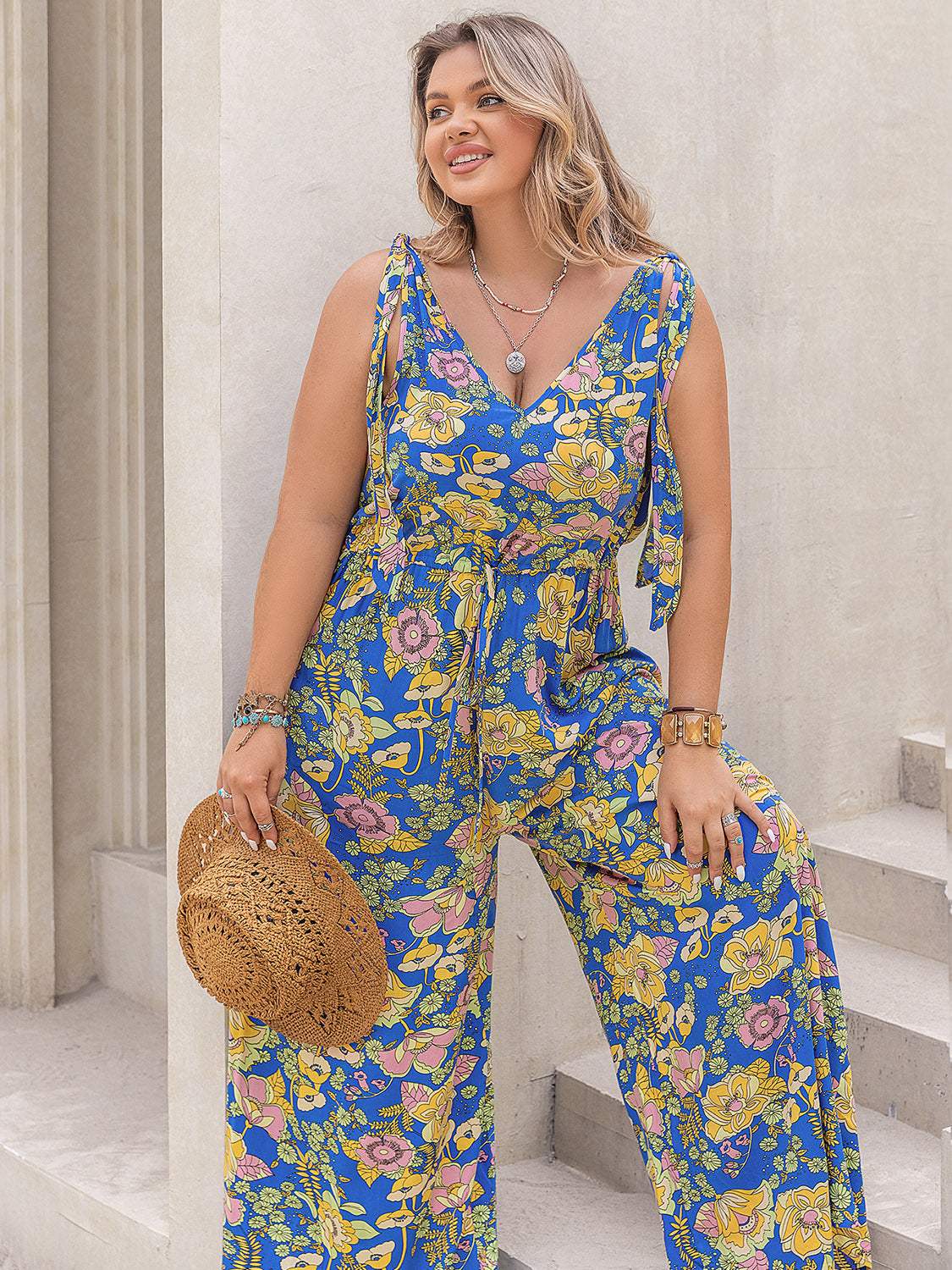 Plus Size Printed V-Neck Wide Leg Jumpsuit - Trendsi - Flyclothing LLC