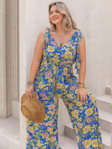 Plus Size Printed V-Neck Wide Leg Jumpsuit - Trendsi - Flyclothing LLC