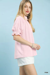 Umgee Textured Ruffle Sleeve V-Neck Top - Trendsi - Flyclothing LLC