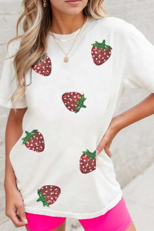 Sequin Strawberry Crew Neck Short Sleeve T Shirt - Trendsi - Flyclothing LLC