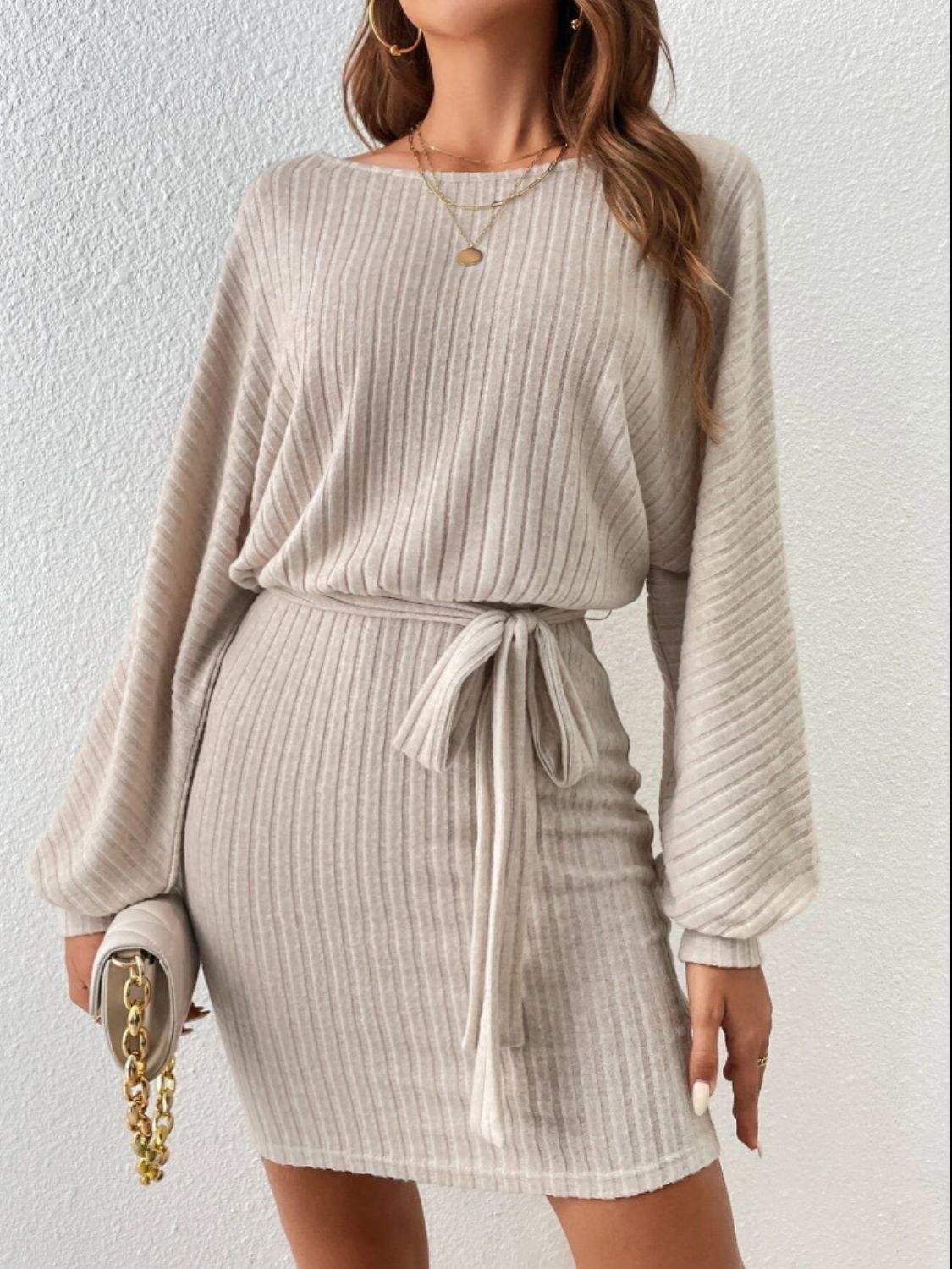 Round Neck Tie Waist Long Sleeve Mini Dress - Trendsi - Flyclothing LLC