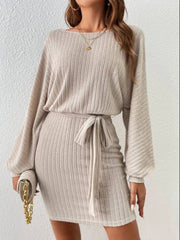 Round Neck Tie Waist Long Sleeve Mini Dress - Trendsi