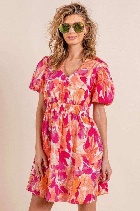 BiBi Floral V-Neck Puff Sleeve Mini Dress - Trendsi - Flyclothing LLC