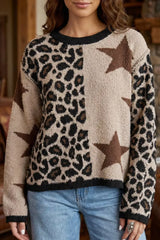 Leopard Star Pattern Round Neck Long Sleeve Shift Sweater - Trendsi - Flyclothing LLC