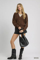 Umgee Chunky Cable Knit V-Neck Button-Up Cardigan - Trendsi - Flyclothing LLC