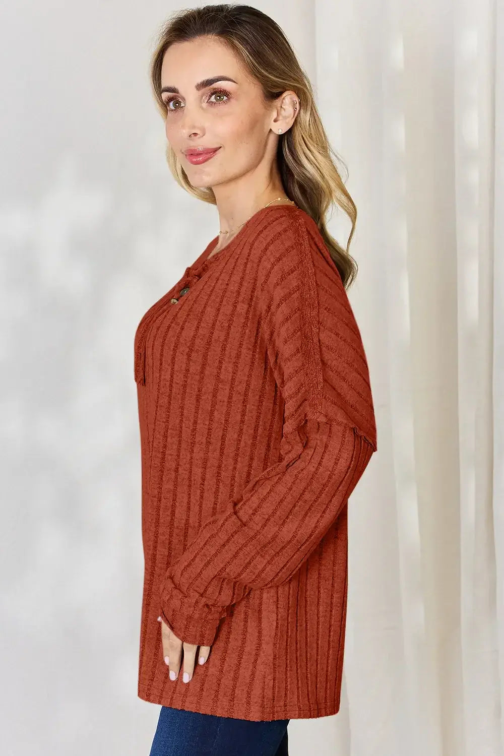 Basic Bae Full Size Ribbed Half Button Long Sleeve T-Shirt - ShopBasicbae - Flyclothing LLC