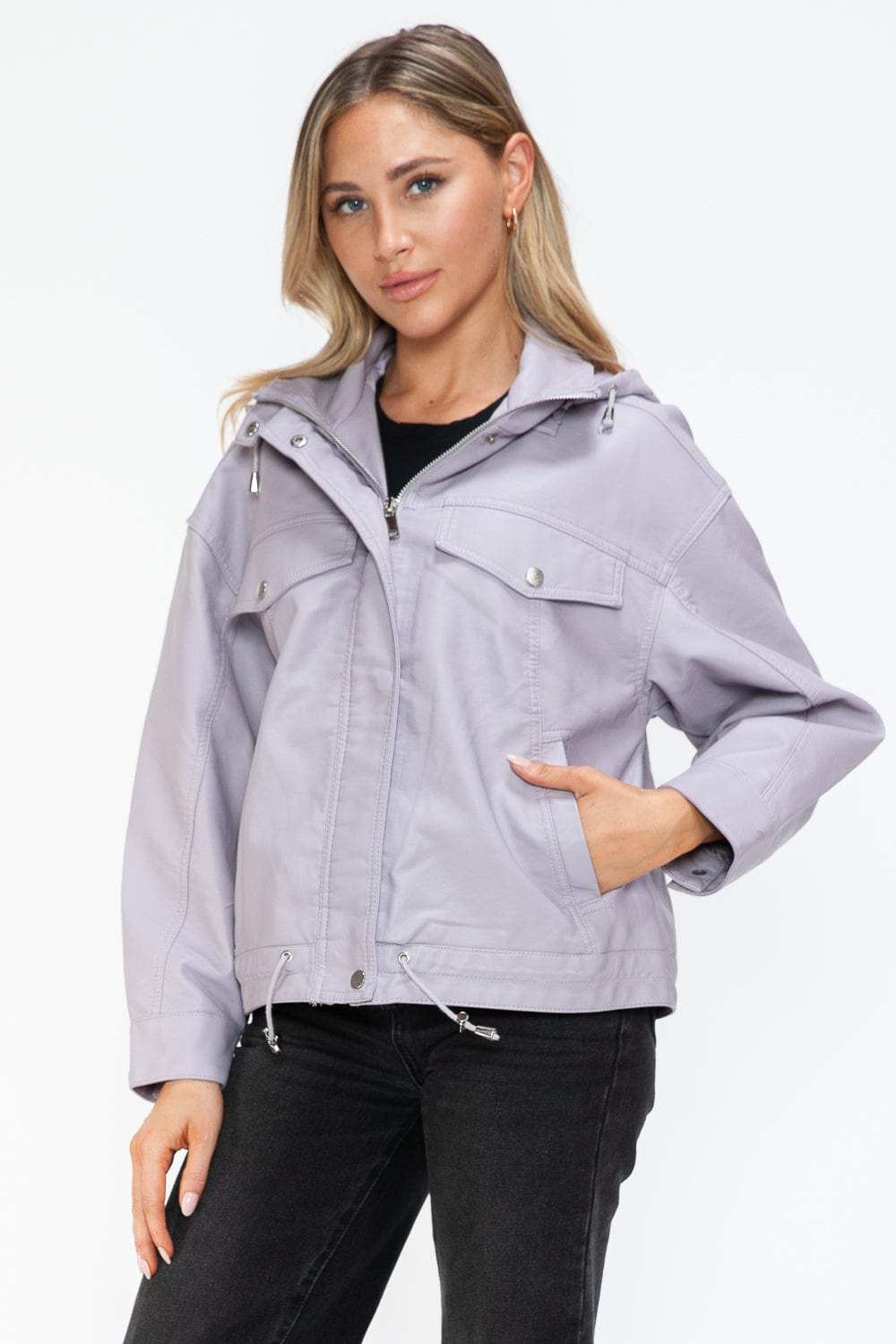 How Dare U Drawstring Hem PU Leather Zip Up Jacket - Trendsi - Flyclothing LLC