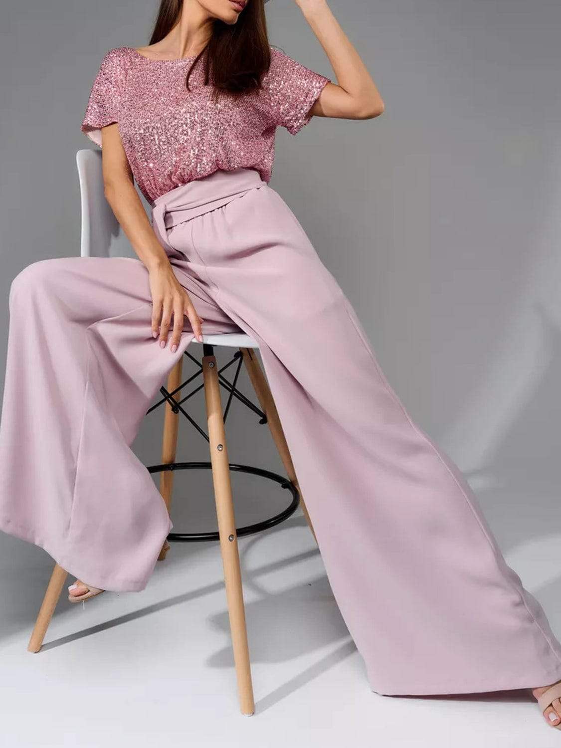 Full Size Sequin Round Neck Short Sleeve Wide Leg Jumpsuit - Trendsi - Flyclothing LLC