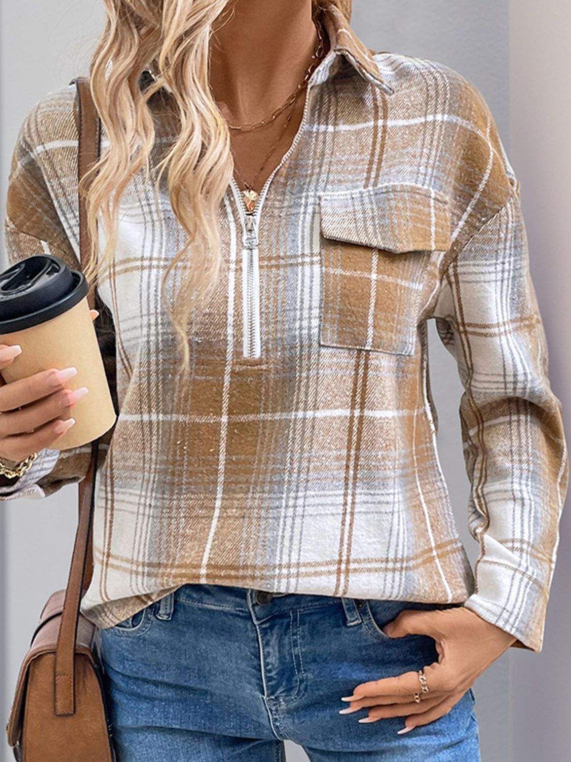 Perfee Plaid Collared Neck Half Zip Long Sleeve Top - Trendsi - Flyclothing LLC