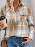 Perfee Plaid Collared Neck Half Zip Long Sleeve Top - Trendsi
