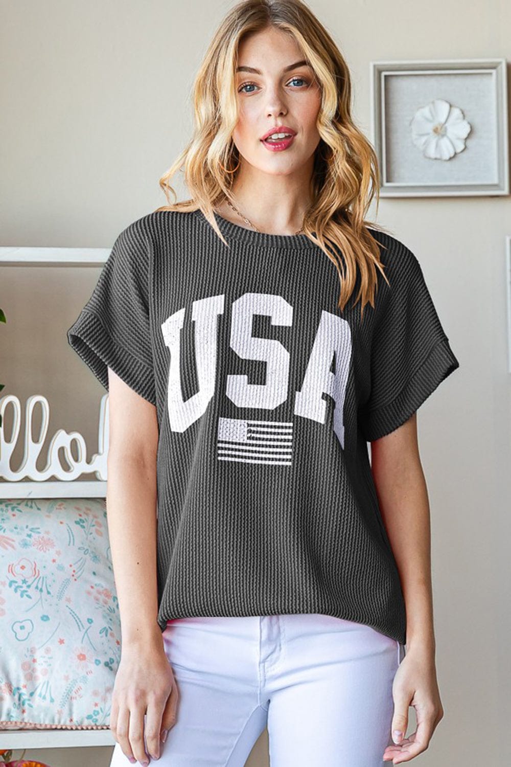 Heimish Full Size USA Graphic Short Sleeve Ribbed Top - Trendsi
