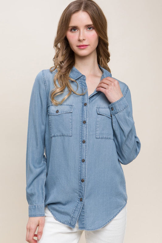 Love Tree Scooped Hem Button Up Denim Shirt - Trendsi