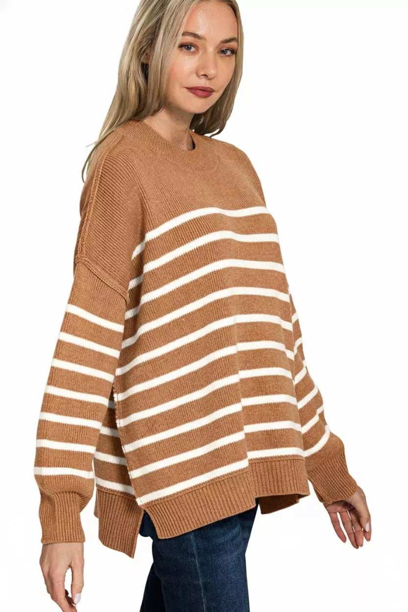 Zenana Exposed Seam Striped Oversized Sweater - Trendsi - Flyclothing LLC