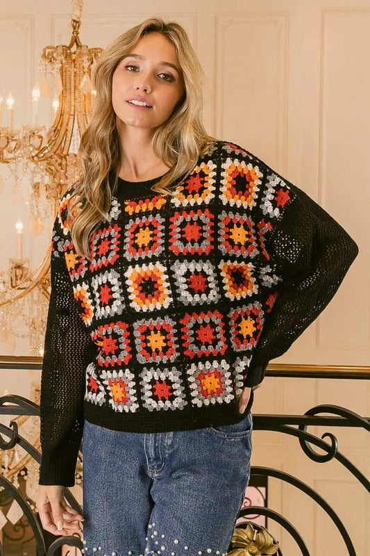 BiBi Granny Square Front Long Sleeve Top - Trendsi - Flyclothing LLC