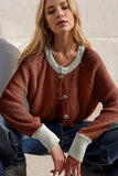 Double Take Contrast Button Up Long Sleeve Cardigan - Trendsi