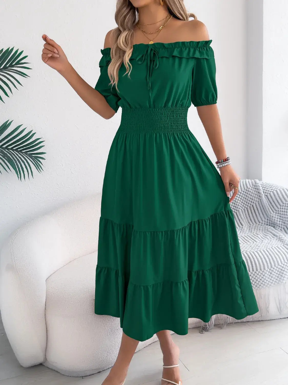 Smocked Off-Shoulder Tiered Dress - Trendsi - Flyclothing LLC