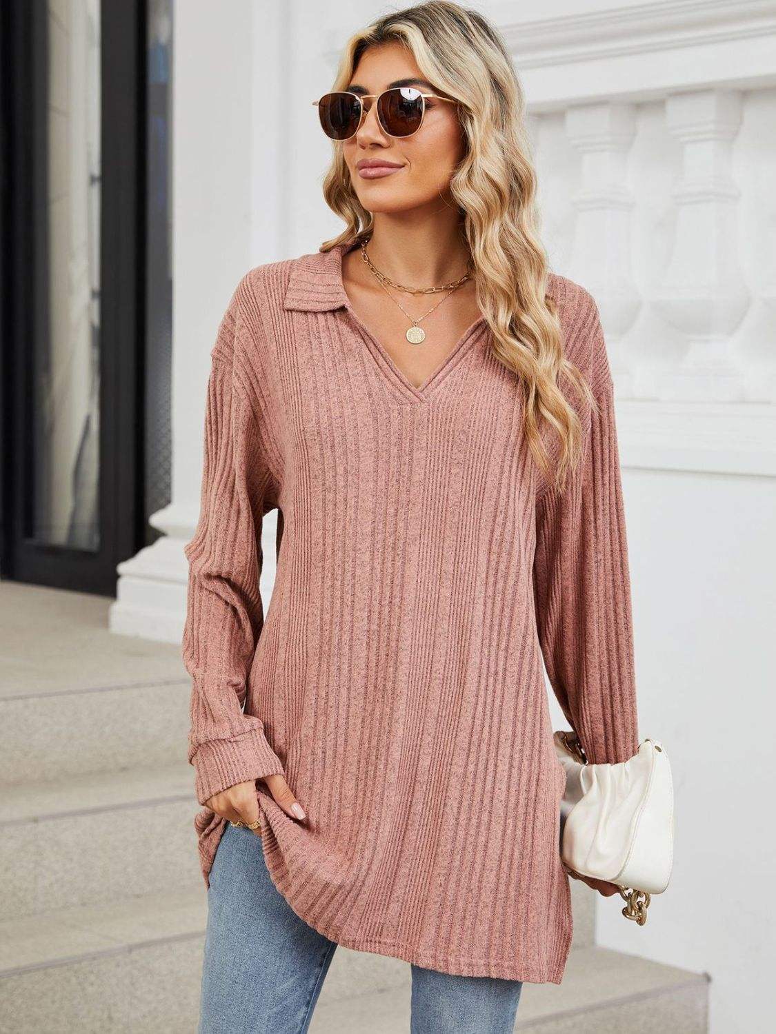 Slit Johnny Collar Long Sleeve T-Shirt - Trendsi - Flyclothing LLC