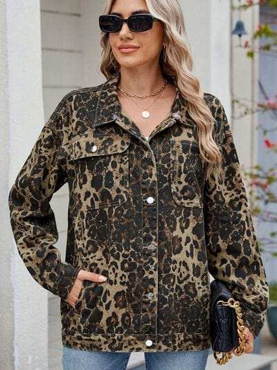 Pocketed Leopard Long Sleeve Denim Jacket - Trendsi - Flyclothing LLC