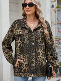 Pocketed Leopard Long Sleeve Denim Jacket - Trendsi