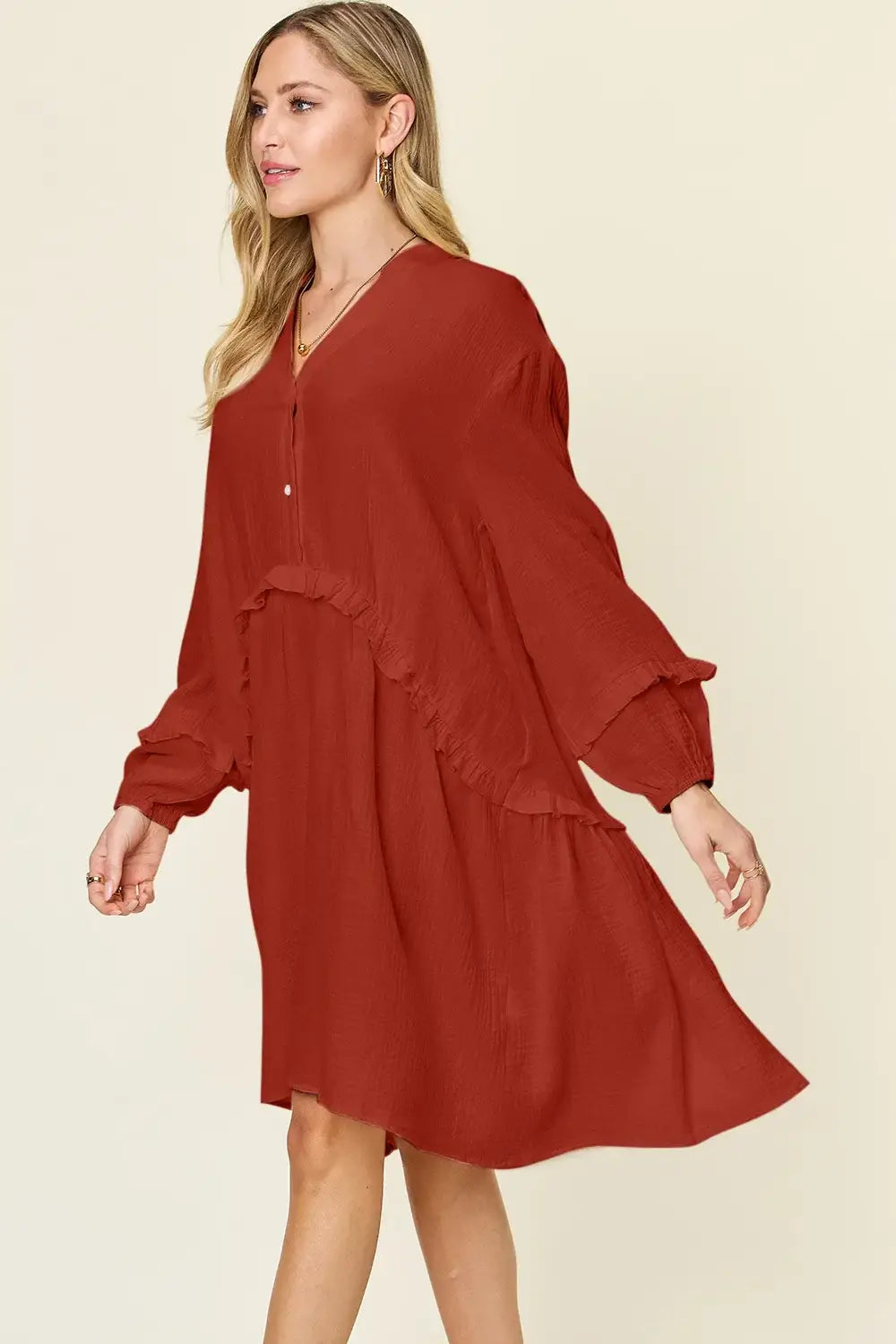 Double Take Full Size Texture Half Button Ruffle Trim Dress - Trendsi - Flyclothing LLC