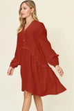 Double Take Full Size Texture Half Button Ruffle Trim Dress - Trendsi