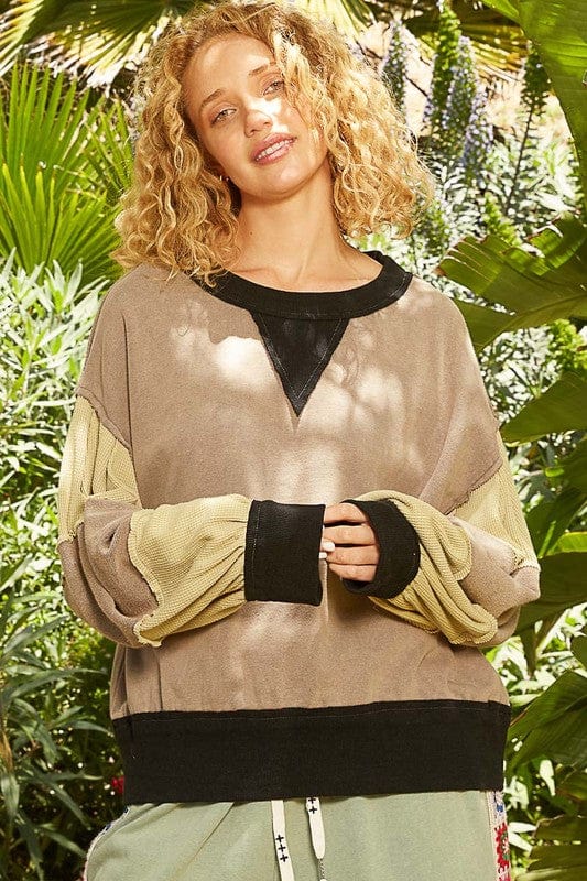 POL Waffle-Knit Detail Color Block Round Neck Sweatshirt - Trendsi