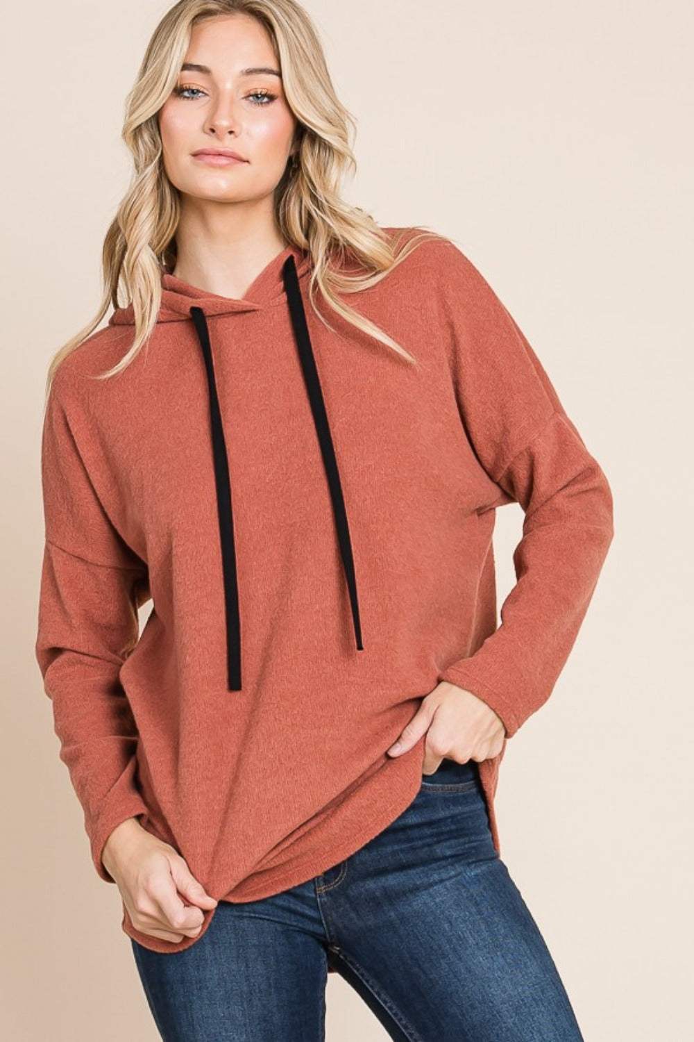 BOMBOM Contrast Drawstring Drop Shoulder Knit Hoodie - Trendsi - Flyclothing LLC