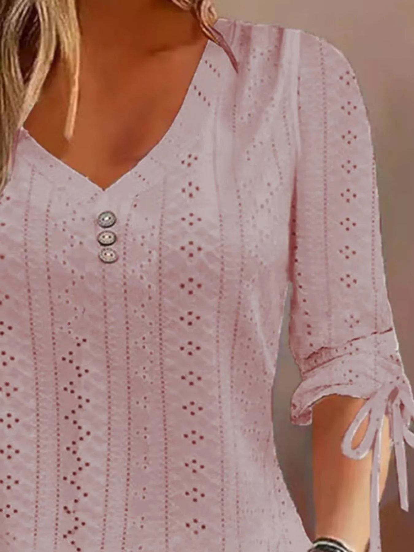 Full Size V-Neck Eyelet Drawstring Sleeve Top Plus Size - Trendsi - Flyclothing LLC
