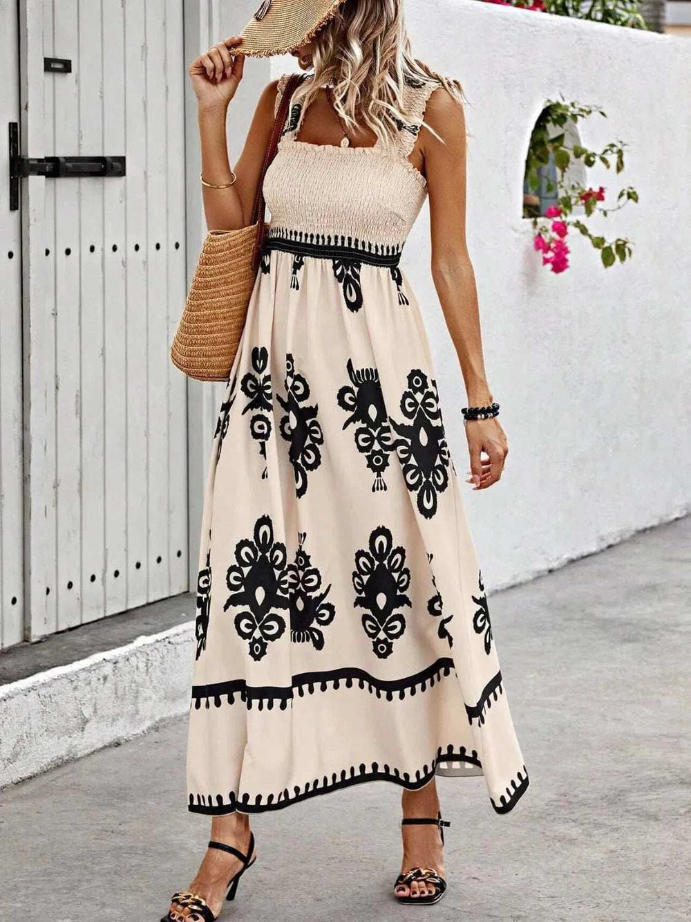Smocked Printed Wide Strap Maxi Dress - Trendsi - Flyclothing LLC