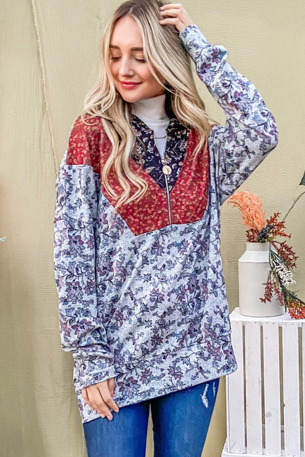 And The Why Printed Half Zip Up Long Sleeve Hoodie - Trendsi - Flyclothing LLC
