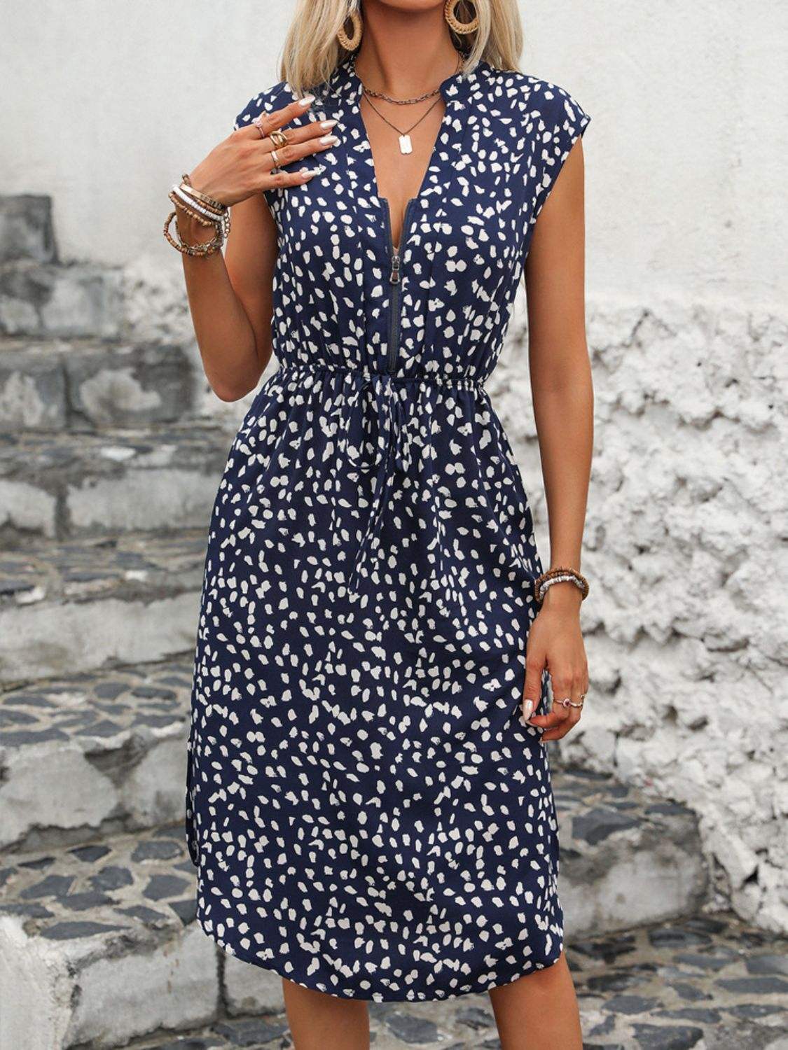 Slit Printed Cap Sleeve Dress - Trendsi - Flyclothing LLC