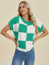 Double Take Full Size Checkered Round Neck Short Sleeve Sweater - Trendsi - Flyclothing LLC