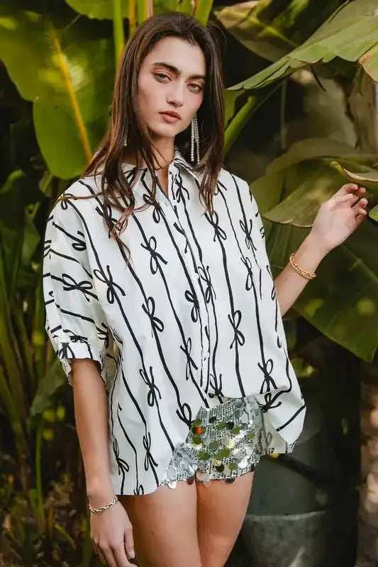 BiBi Bow Ribbon Woven Printed Button Down Shirt - Trendsi - Flyclothing LLC