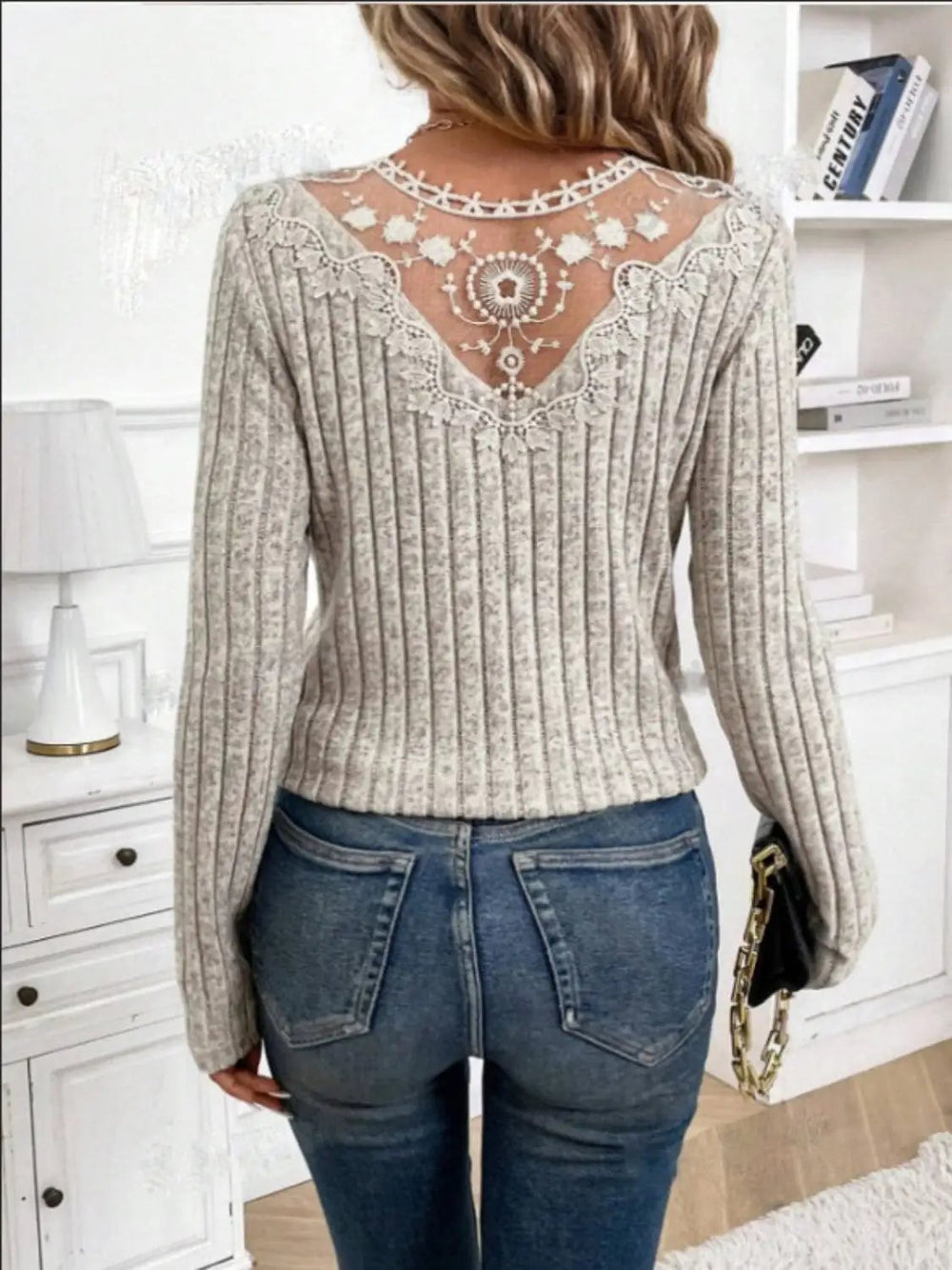 Lace Detail V-Neck Long Sleeve T-Shirt - Trendsi