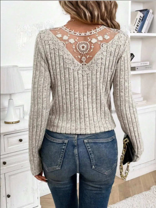 Lace Detail V-Neck Long Sleeve T-Shirt - Trendsi - Flyclothing LLC