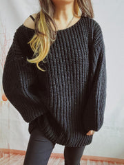 Boat Neck Long Sleeve Sweater with Belt - Trendsi