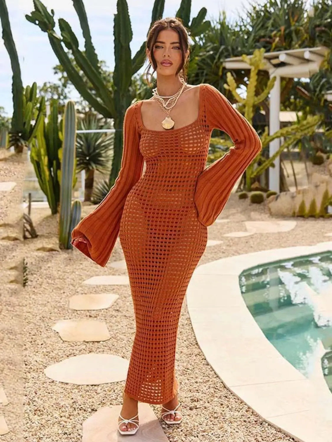 Openwork Square Neck Flare Sleeve Cover-Up Dress - Trendsi - Flyclothing LLC