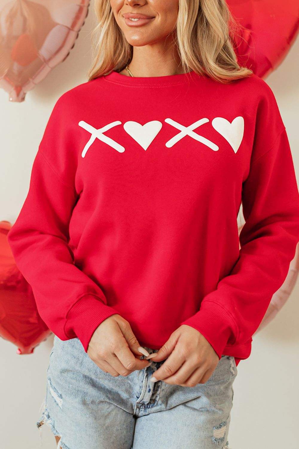 Valentine’s Day XOXO Round Neck Drop Shoulder Sweatshirt - Trendsi - Flyclothing LLC