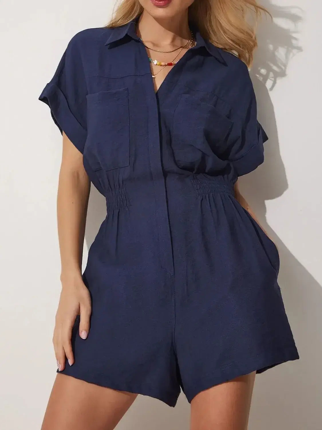 Johnny Collar Short Sleeve Romper - Trendsi - Flyclothing LLC