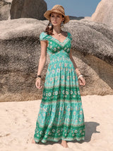 Smocked Printed V-Neck Dress - Trendsi - Flyclothing LLC