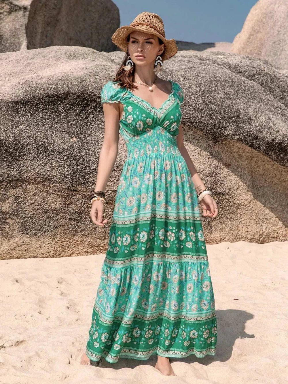 Smocked Printed V-Neck Dress - Trendsi - Flyclothing LLC