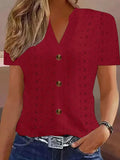 Openwork Notched Short Sleeve Top - Trendsi - Flyclothing LLC
