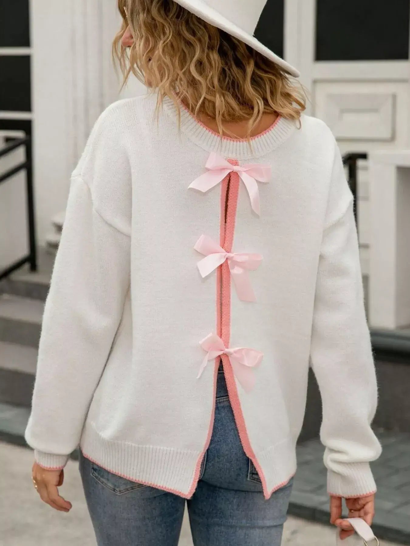Bow-Back Round Neck Sweater - Trendsi - Flyclothing LLC