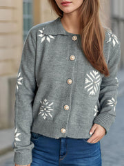 Pearl Trim Collared Neck Long Sleeve Cardigan - Trendsi