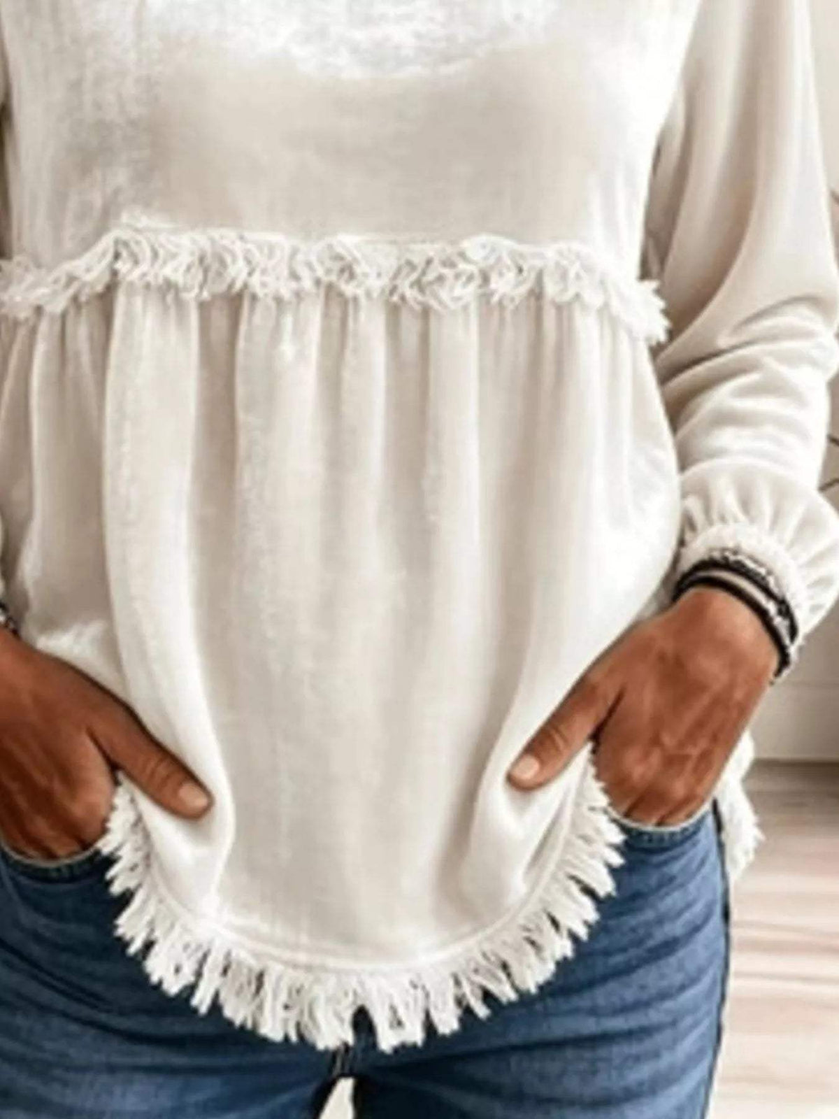 Fringed Hem Long Sleeve T-Shirt - Trendsi - Flyclothing LLC