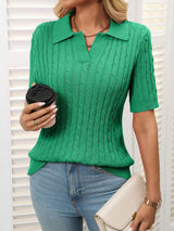 Mandy Cable Knit Johnny Collar Half Sleeve Sweater - Trendsi - Flyclothing LLC